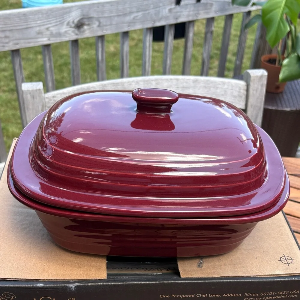 The Pampered Chef Deep Covered Baker in Burgundy Red Ceramic